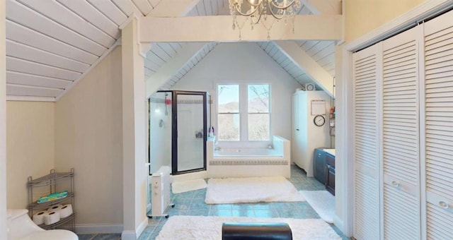 full bathroom with a closet, vaulted ceiling, and a shower stall