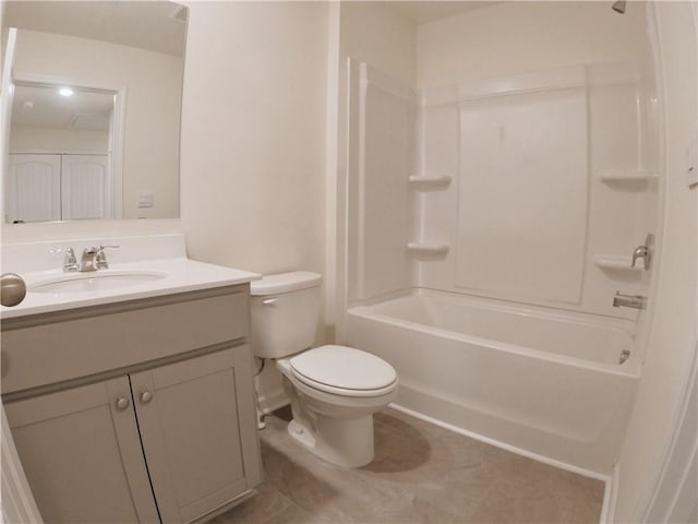 full bathroom featuring vanity, bathing tub / shower combination, and toilet