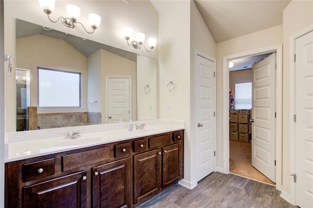 3746 Okefenokee Rdg, Loganville, GA 30052 - bathroom featuring lofted ceiling, wood finished floors, double vanity, and a closet