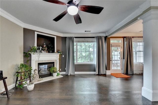 2515 Gadsen Walk, Duluth, GA 30097 - unfurnished living room featuring crown molding, a glass covered fireplace, ceiling fan, and wood finished floors