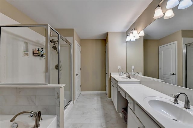 2515 Gadsen Walk, Duluth, GA 30097 - full bathroom with marble finish flooring, a shower stall, double vanity, and a garden tub