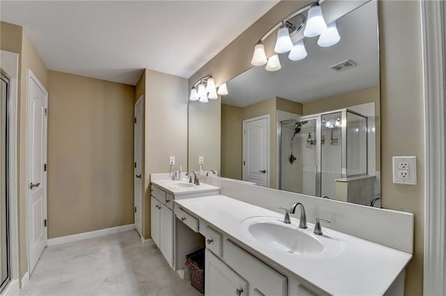 2515 Gadsen Walk, Duluth, GA 30097 - bathroom featuring a shower stall, double vanity, and marble look tile flooring