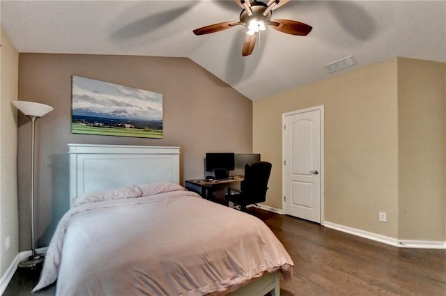 2515 Gadsen Walk, Duluth, GA 30097 - bedroom featuring dark wood finished floors, vaulted ceiling, a ceiling fan, and a desk