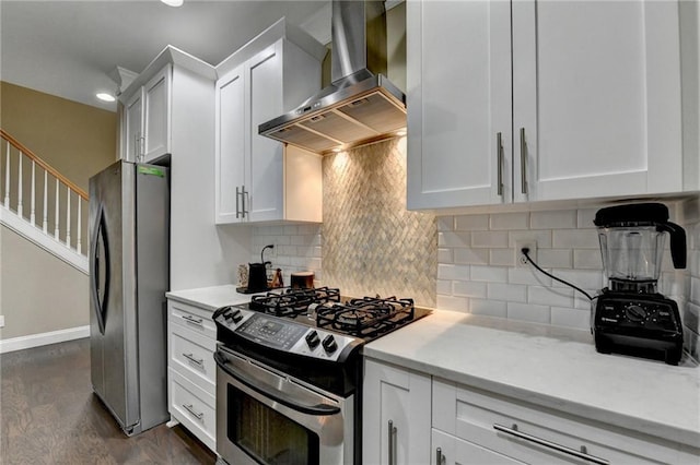 2515 Gadsen Walk, Duluth, GA 30097 - kitchen featuring wall chimney exhaust hood, stainless steel appliances, dark wood-type flooring, and white cabinets