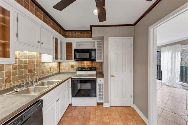 kitchen featuring sink, white cabinets, ornamental molding, ceiling fan, and black appliances