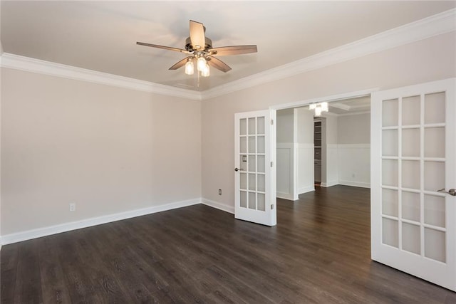 empty room featuring french doors, ceiling fan, ornamental molding, and dark hardwood / wood-style flooring