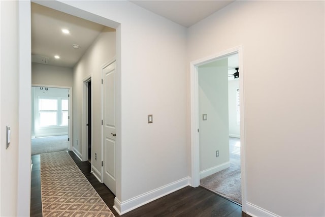 hallway with dark hardwood / wood-style flooring