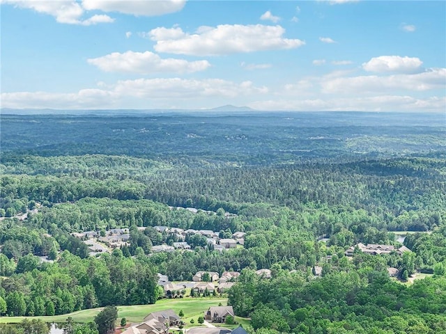 birds eye view of property with a mountain view and a forest view