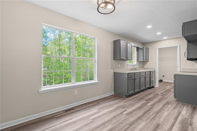 201 Rustin Dr, Dallas, GA 30157 - kitchen with gray cabinetry, a wealth of natural light, a sink, and visible vents
