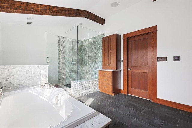 bathroom with vaulted ceiling with beams, a stall shower, a garden tub, and baseboards