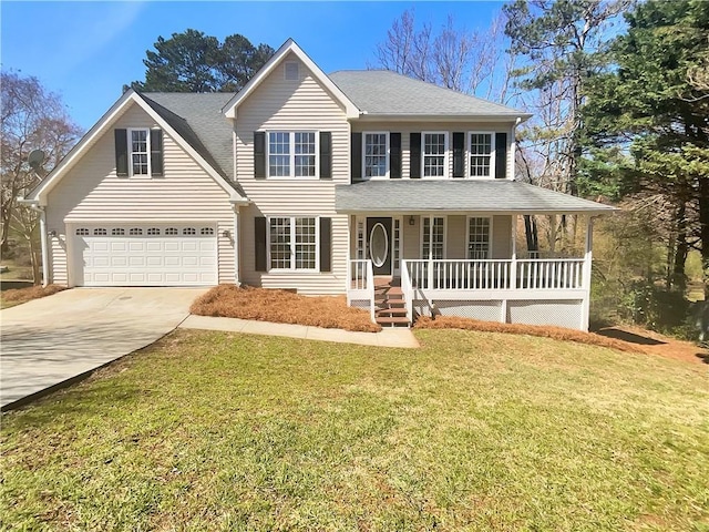 view of front of property featuring a front lawn, roof with shingles, covered porch, a garage, and driveway