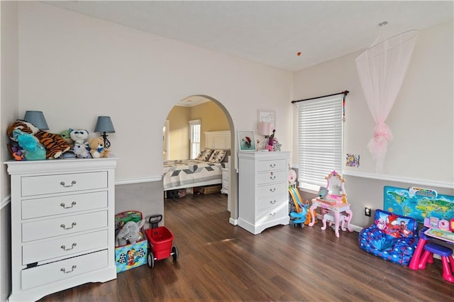 playroom with dark wood-type flooring