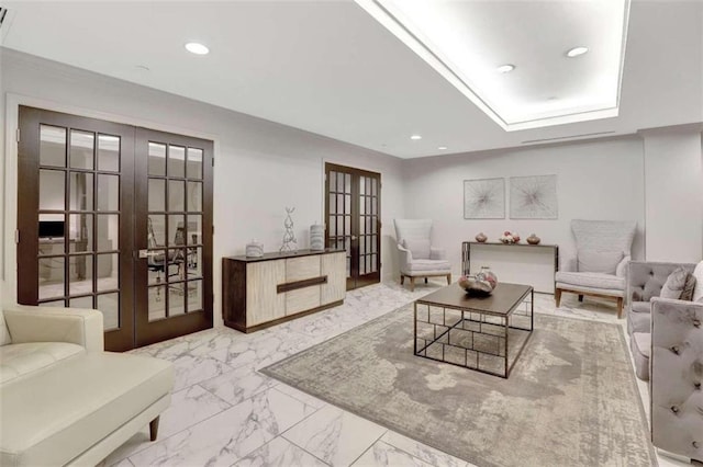 2870 Pharr Ct S Unit 503, Atlanta, GA 30305 - living area featuring french doors, marble finish floors, and recessed lighting