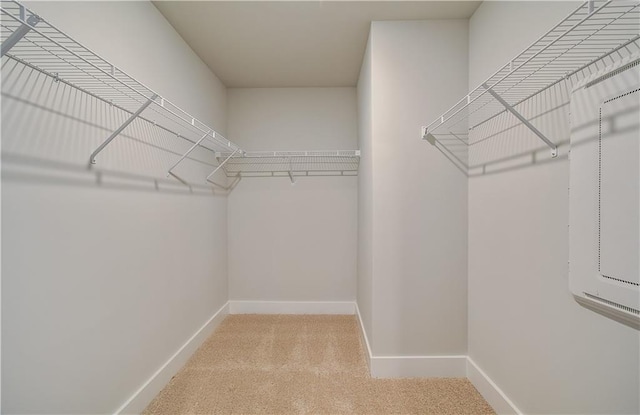 walk in closet with light colored carpet