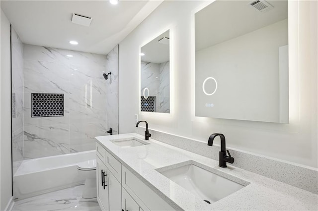 3455 Broxton Mill Way, Snellville, GA 30039 - full bathroom featuring double vanity, recessed lighting, toilet, tub / shower combination, and marble finish floors