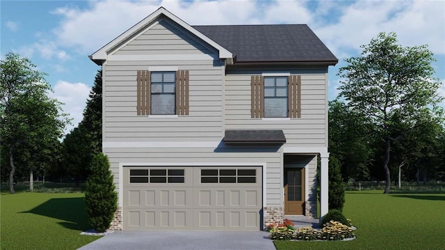 view of front of house with a shingled roof, concrete driveway, a front lawn, a garage, and stone siding