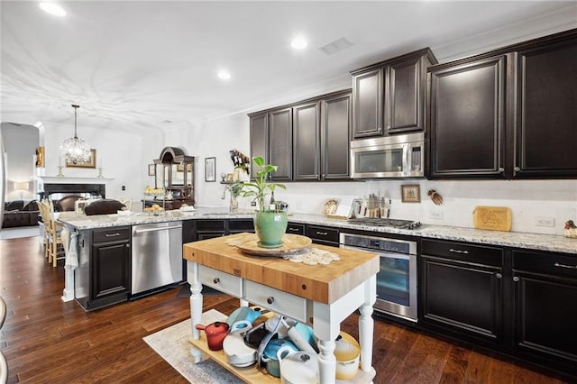 kitchen with stainless steel appliances, dark wood-type flooring, a peninsula, a fireplace, and open floor plan