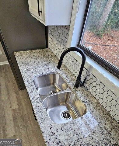 details with dark hardwood / wood-style flooring, sink, light stone counters, and white cabinetry