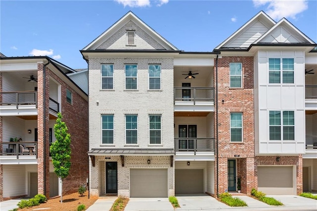 427 Burton Dr, Alpharetta, GA 30009 - view of property with a balcony, brick siding, ceiling fan, and an attached garage