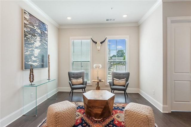 427 Burton Dr, Alpharetta, GA 30009 - sitting room with crown molding, dark wood finished floors, baseboards, and recessed lighting