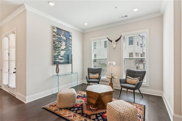 427 Burton Dr, Alpharetta, GA 30009 - living area featuring dark wood-style flooring, baseboards, crown molding, and recessed lighting