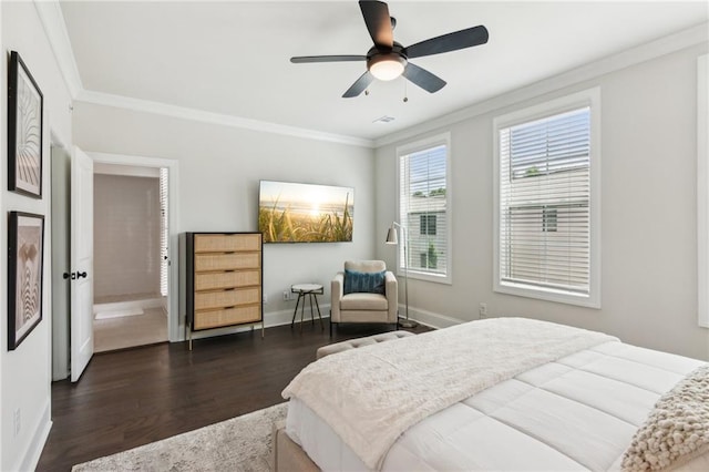 427 Burton Dr, Alpharetta, GA 30009 - bedroom featuring dark wood finished floors, ornamental molding, baseboards, and a ceiling fan