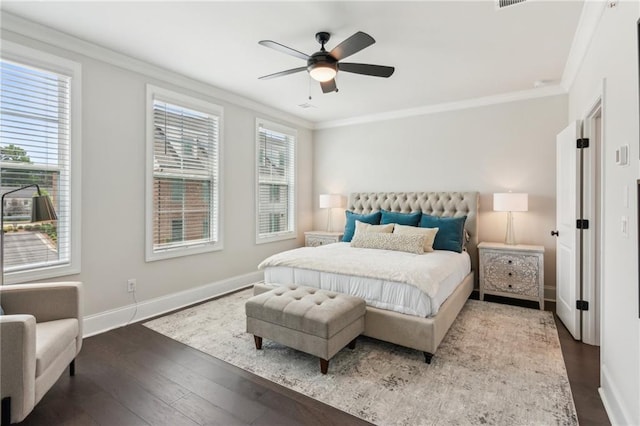 427 Burton Dr, Alpharetta, GA 30009 - bedroom featuring crown molding, baseboards, hardwood / wood-style flooring, and a ceiling fan