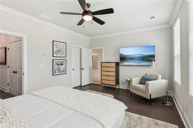 427 Burton Dr, Alpharetta, GA 30009 - bedroom featuring dark wood-style floors, ornamental molding, baseboards, and a ceiling fan