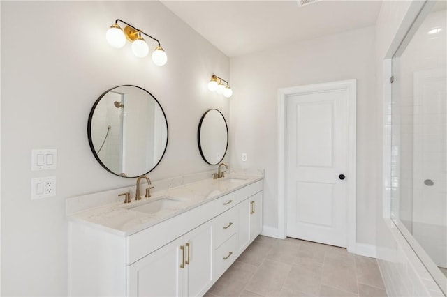 427 Burton Dr, Alpharetta, GA 30009 - bathroom with double vanity, baseboards, tile patterned floors, and washtub / shower combination