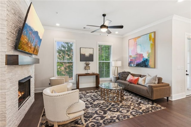 427 Burton Dr, Alpharetta, GA 30009 - living room with wood finished floors, a fireplace, baseboards, a ceiling fan, and recessed lighting