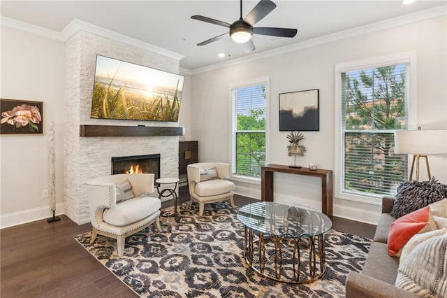 427 Burton Dr, Alpharetta, GA 30009 - living room with wood finished floors, baseboards, ornamental molding, a ceiling fan, and a fireplace