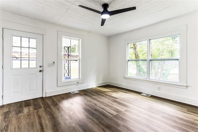 interior space with a healthy amount of sunlight, dark wood-type flooring, and ceiling fan