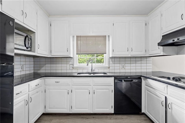 9 Latimer Rd, Cartersville, GA 30121 - kitchen with black appliances, a sink, dark countertops, custom range hood, and white cabinets