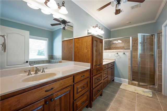 815 Spring View Ct, Covington, GA 30014 - full bathroom with a ceiling fan, double vanity, a stall shower, tile patterned flooring, and ornamental molding