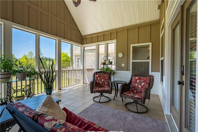 815 Spring View Ct, Covington, GA 30014 - sunroom featuring ceiling fan, an outdoor living space, and lofted ceiling