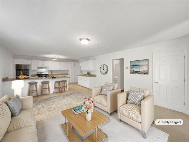 living room with light hardwood / wood-style flooring and sink