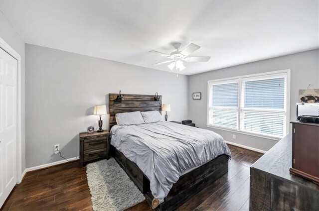 bedroom featuring dark hardwood / wood-style floors and ceiling fan