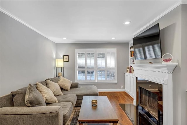 living room featuring crown molding and hardwood / wood-style flooring