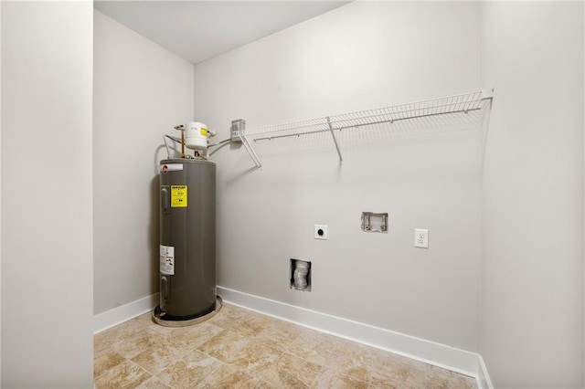 washroom featuring electric water heater, hookup for an electric dryer, baseboards, and hookup for a washing machine