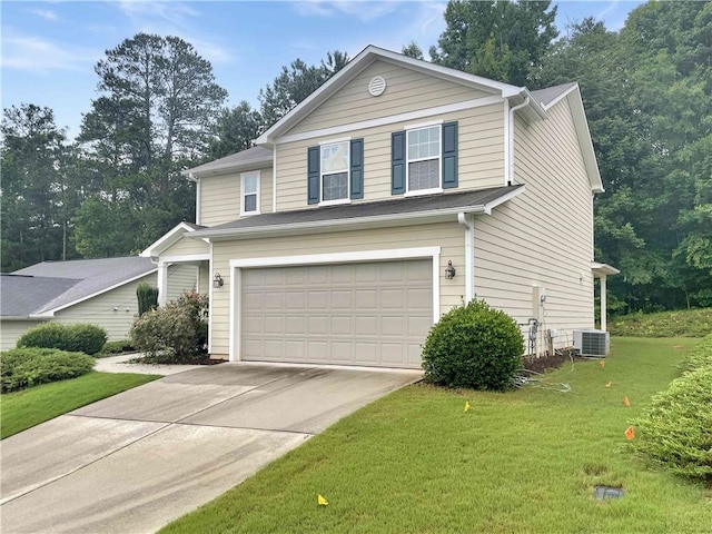 view of front of home featuring cooling unit, concrete driveway, a garage, and a front yard