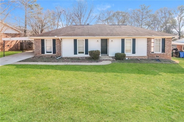 single story home with crawl space, a front yard, a carport, and brick siding