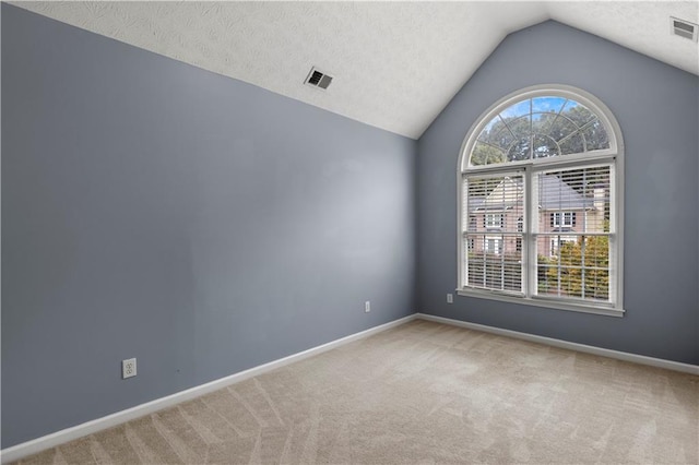 empty room with lofted ceiling, a textured ceiling, and carpet flooring