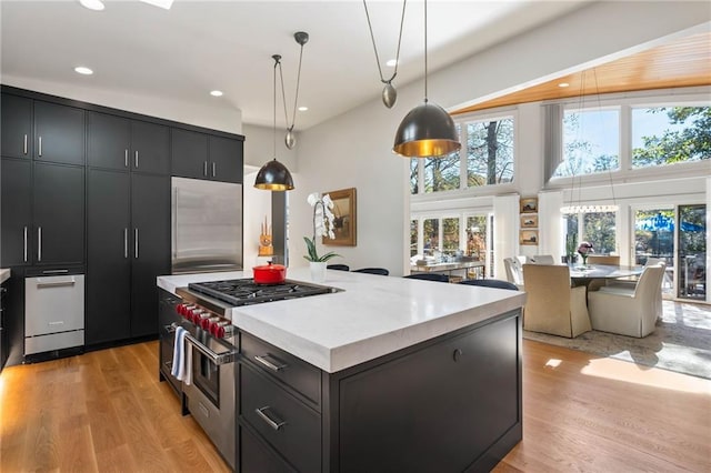 kitchen with light wood-type flooring, a towering ceiling, pendant lighting, high quality appliances, and a center island