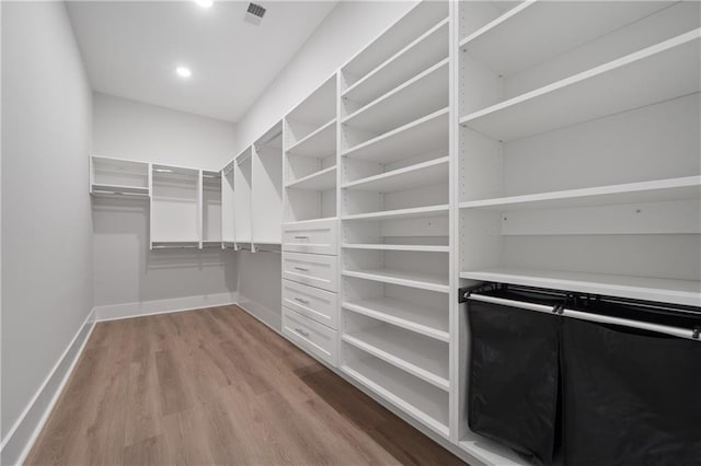 walk in closet with light wood finished floors