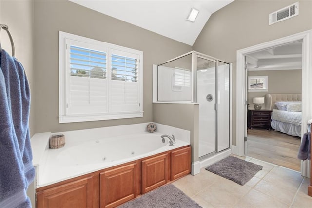 full bathroom with visible vents, a stall shower, connected bathroom, tile patterned flooring, and a bath