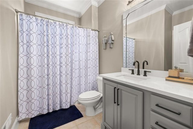 full bathroom featuring vanity, tile patterned flooring, toilet, and crown molding