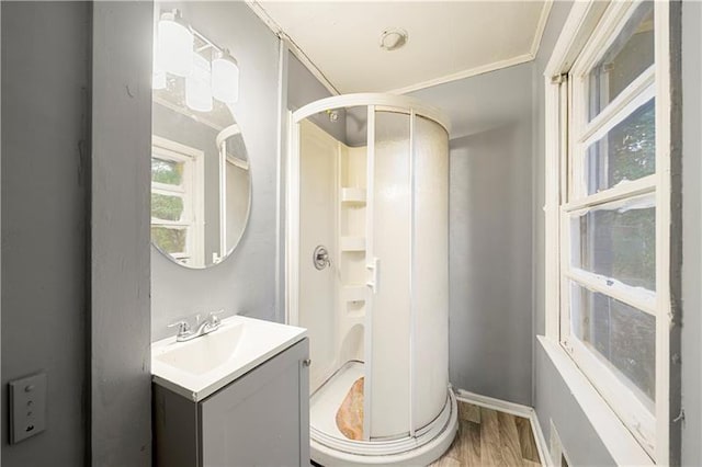 bathroom featuring hardwood / wood-style floors, vanity, and a shower