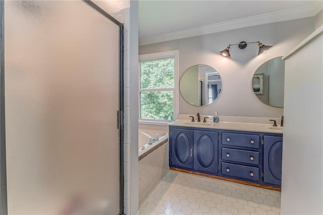 323 Schoolhouse Rd, Rockmart, GA 30153 - full bathroom featuring a shower stall, a bath, double vanity, ornamental molding, and tile patterned floors
