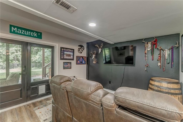 323 Schoolhouse Rd, Rockmart, GA 30153 - home theater featuring wood finished floors, recessed lighting, and french doors