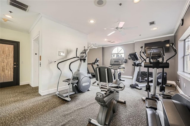 gym with crown molding, carpet floors, and ceiling fan